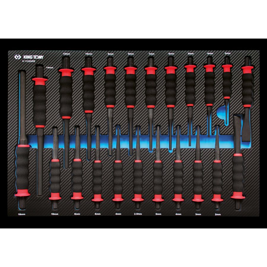 KING TONY Profi-Werkzeuge - Splinttreiber, Meißel, Durchtreiber und Körner-Set, EVAWAVE - 22 tlg. 91122GPE