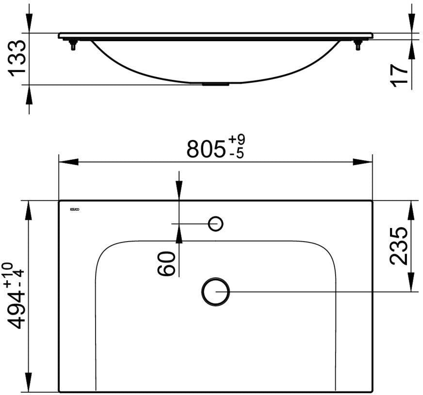 KEUCO X-Line Keramik-Waschtisch 805 mm ohne Hahnlochbohrung – weiß, CleanPlus