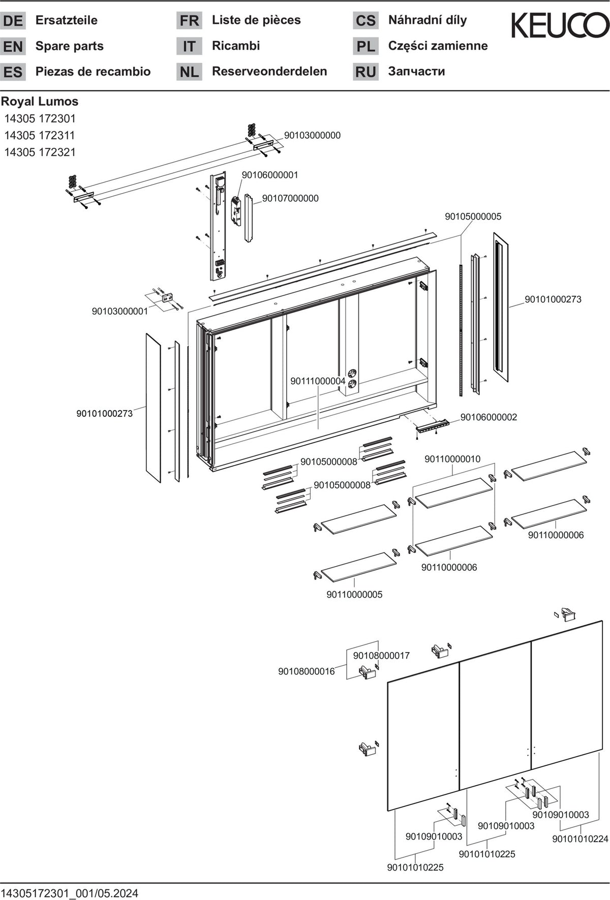 KEUCO Royal Lumos Spiegelschrank 1200 mm mit Beleuchtung, 3 Türen, silber-eloxiert