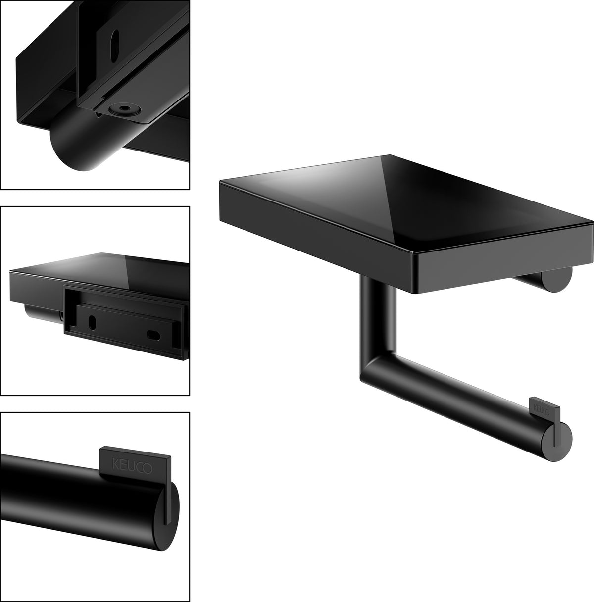KEUCO REVA Toilettenpapierhalter mit Glas-Ablage in schwarz matt – Wandmontage, Metall
