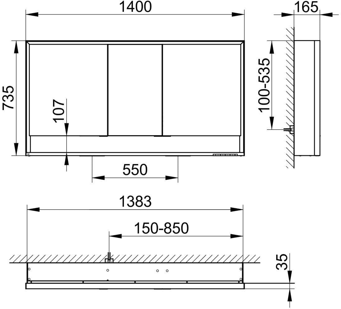 KEUCO Royal Lumos Spiegelschrank 1400 mm, 3 Türen, LED-Beleuchtung, silber-eloxiert