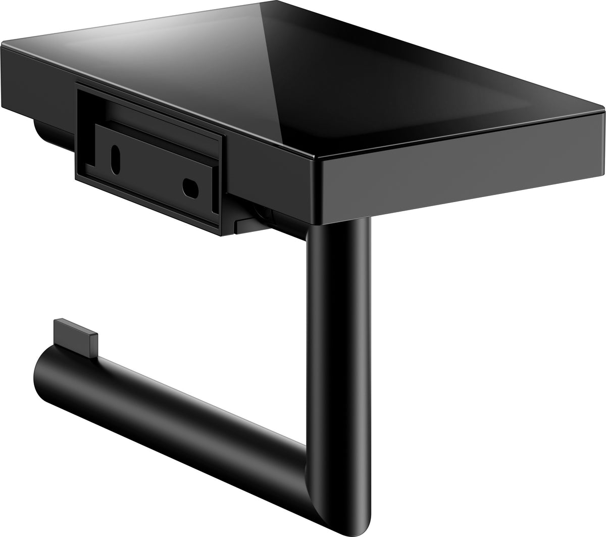KEUCO REVA Toilettenpapierhalter mit Glas-Ablage in schwarz matt – Wandmontage, Metall