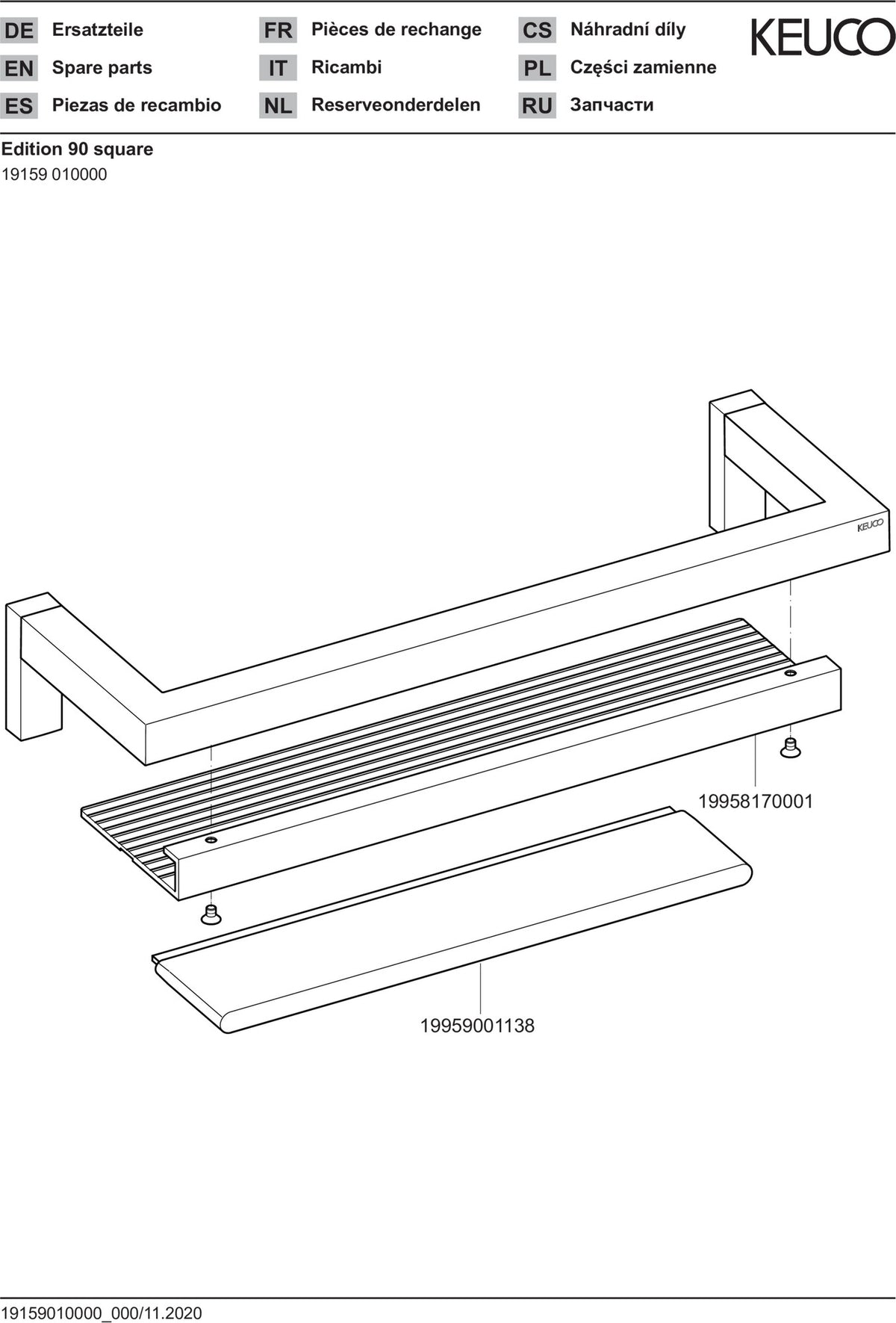 KEUCO Duschablage Edition 90 Square mit Glasabzieher, verchromt/Aluminium, 360 mm