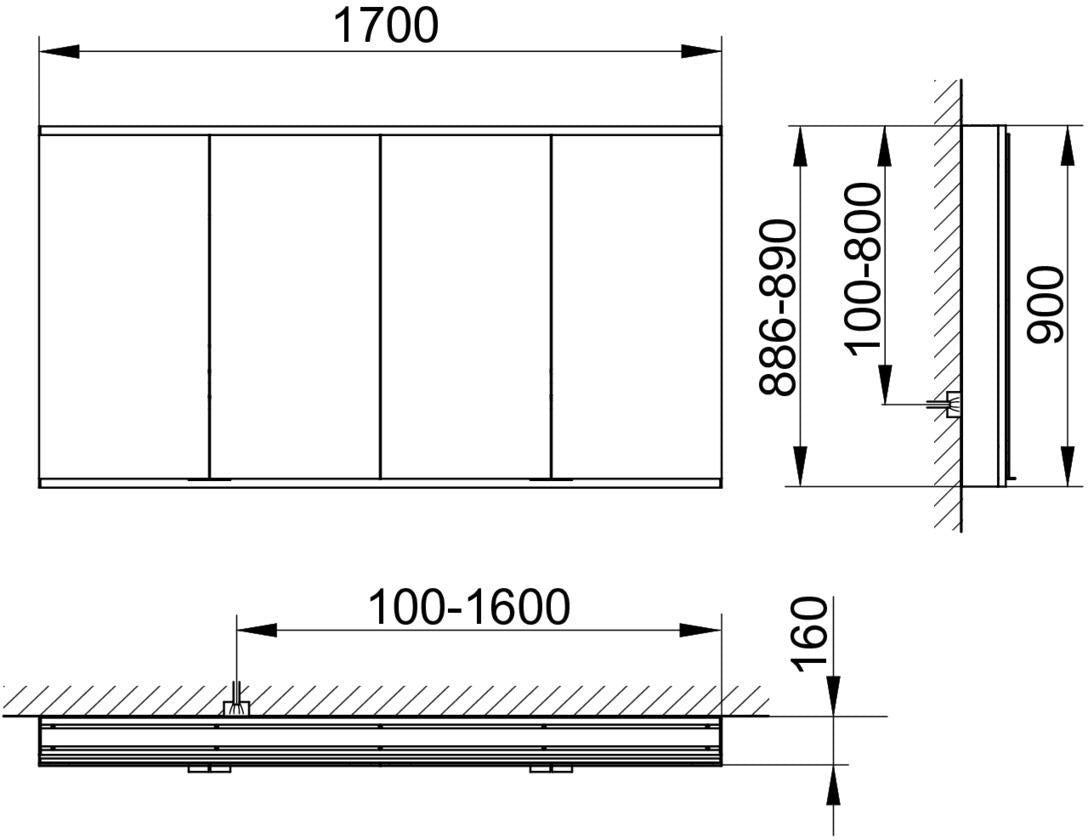 KEUCO Royal Modular 2.0 Spiegelschrank 1700 mm beleuchtet, silber-eloxiert, 4 Türen, Wandvorbau