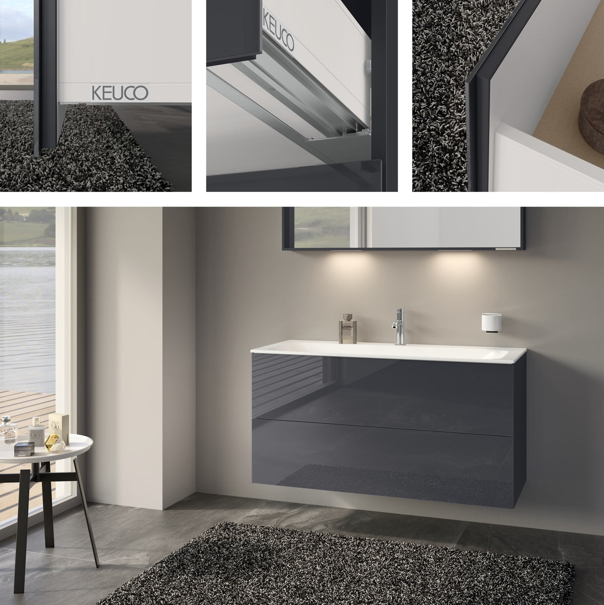 KEUCO X-Line Waschtischunterbau 1200 mm mit 2 Auszügen, anthrazit, wandmontiert, ohne Griff