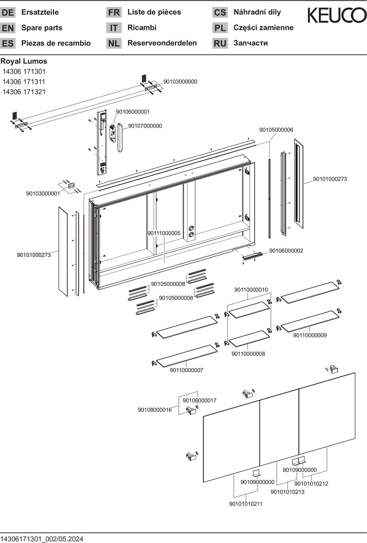 KEUCO Royal Lumos Spiegelschrank 1400 mm, 3 Türen, LED-Beleuchtung, silber-eloxiert