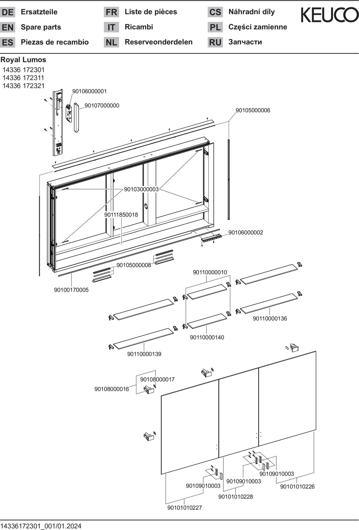 KEUCO Royal Lumos Spiegelschrank 1400 mm Wandeinbau silber-eloxiert mit Ablagefach