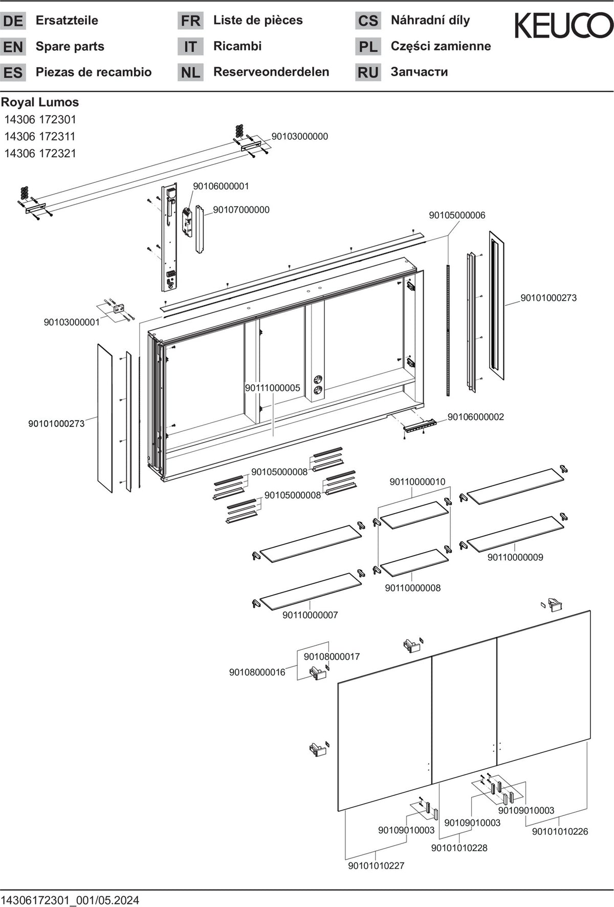 KEUCO Royal Lumos Spiegelschrank 1400 mm, 3 Türen, LED-Beleuchtung, silber-eloxiert