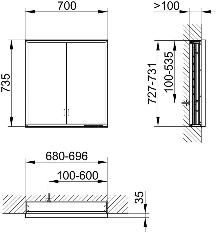 KEUCO Royal Lumos Spiegelschrank Wandeinbau 700 x 735 x 130 mm silber-eloxiert mit Ablagefach