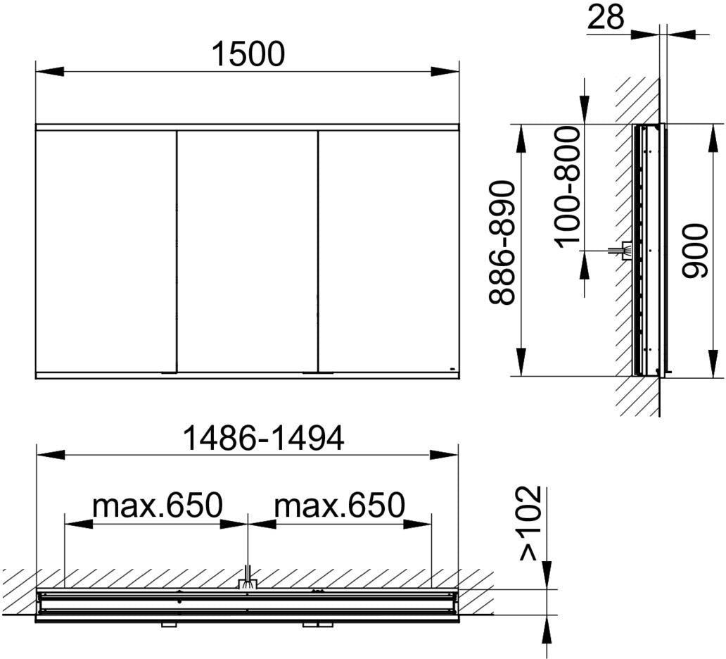 KEUCO Royal Modular 2.0 Spiegelschrank LED beleuchtet 900 mm Wandeinbau silber-eloxiert