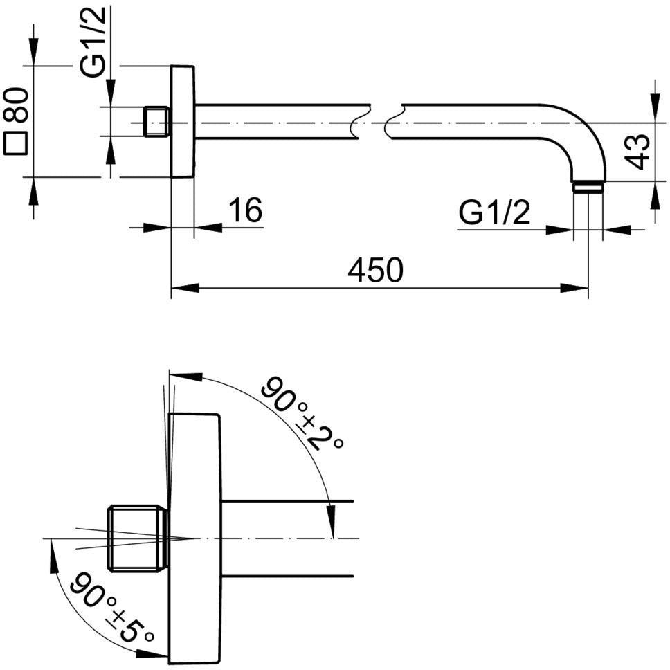 KEUCO Brausearm Edition 300, Wandanschluss, 300 mm, verchromt – Eckige Form, Metall