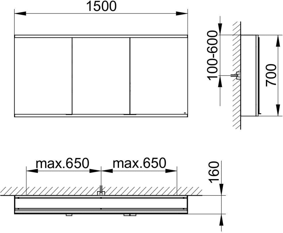 KEUCO Royal Modular 2.0 Spiegelschrank 900 mm, 3 Türen, 1 Steckdose, USB, silber-eloxiert