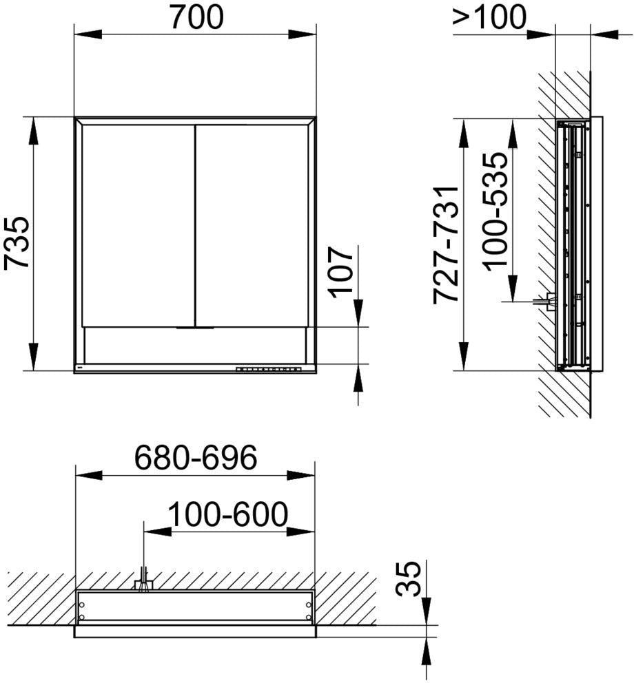 KEUCO Royal Lumos Spiegelschrank Wandeinbau 700 x 735 x 130 mm silber-eloxiert mit Ablagefach