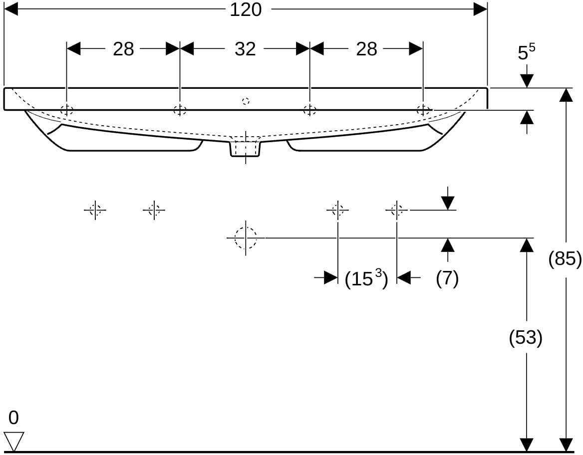 Geberit Acanto Doppelwaschtisch 120x48 cm, ohne Hahnloch, mit Überlauf, weiß – wandmontiert & unterbaufähig