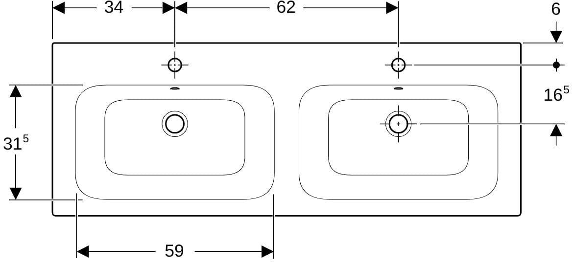Geberit Renova Plan Doppelmöbelwaschtisch 130x48 cm mit Hahnloch & Überlauf in Weiß