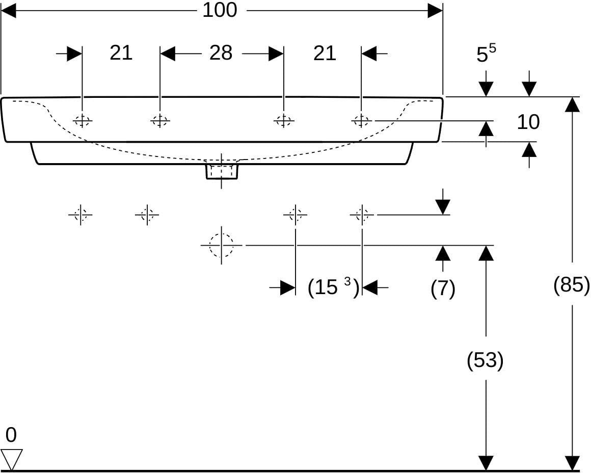 Geberit Renova Plan Waschtisch 100x48 cm, 2 Hahnlöcher, mit Überlauf, weiß
