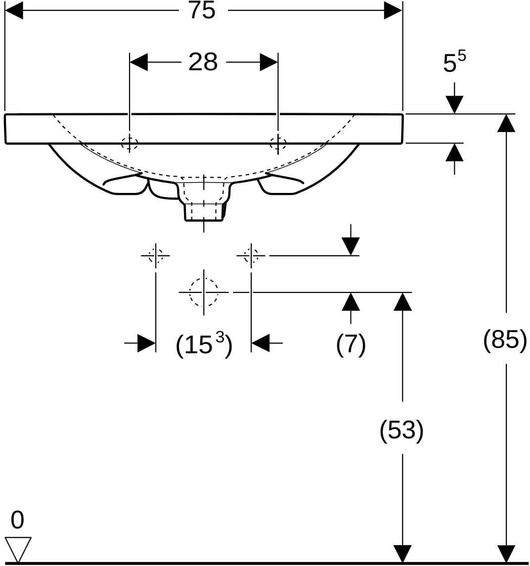 Geberit Acanto Waschtisch 75 cm weiß, verkürzte Ausladung, mit Hahnloch & Überlauf