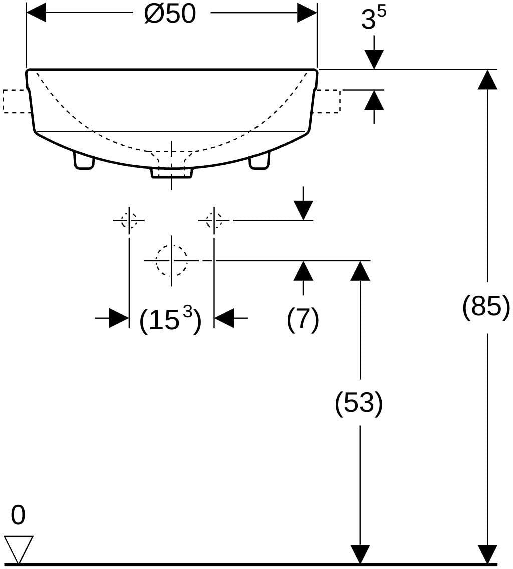 GEBERIT VariForm Halbeinbauwaschtisch rund 50 cm mit Hahnloch und Überlauf, KeraTect weiß