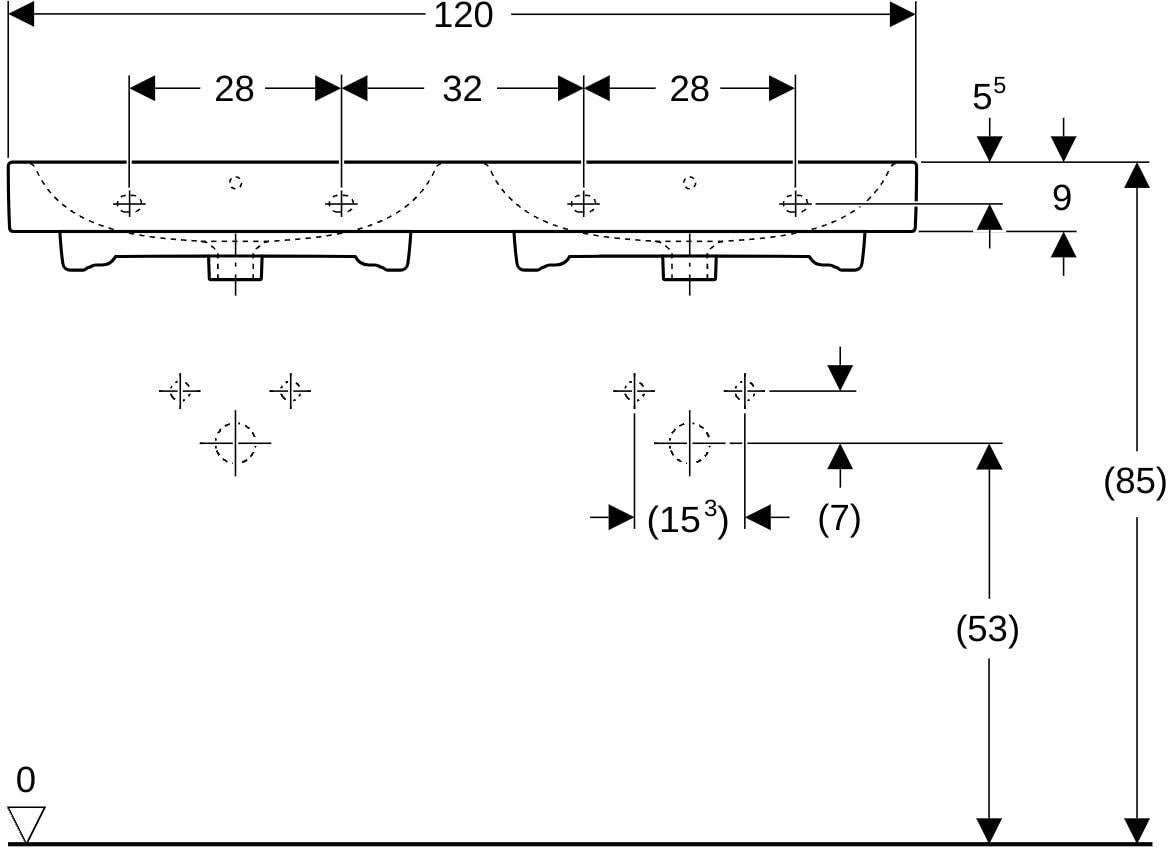 Geberit iCon Doppelwaschtisch 120 cm weiß – Wandmontage, mit Überlauf, 2 Hahnlöcher