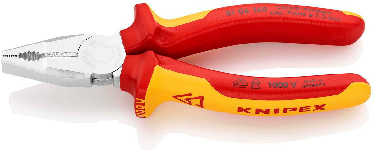 KNIPEX Kombizange 160 mm VDE-isoliert, verchromt, Mehrkomponenten-Hüllen – DIN EN/IEC 60900
