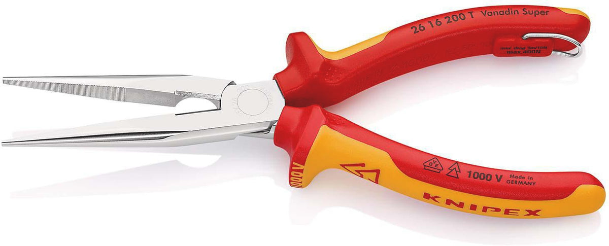 KNIPEX Flachrundzange 200 mm VDE-isoliert mit Befestigungsöse – Storchenschnabelzange