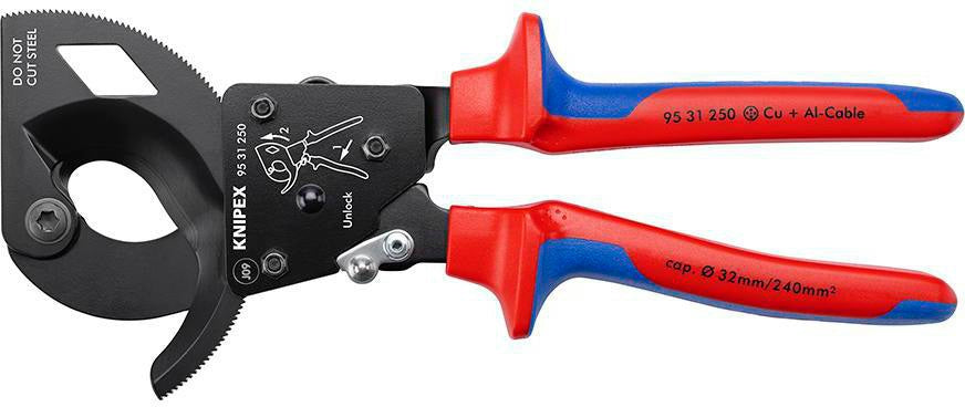KNIPEX Kabelschneider 250 mm für Cu- und Al-Kabel bis 32 mm – Einhand-Ratschenprinzip