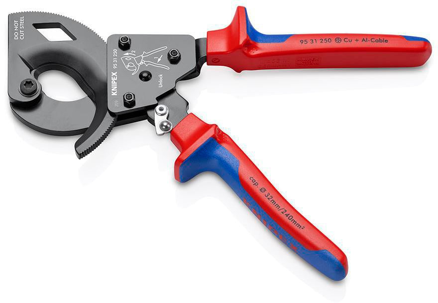 KNIPEX Kabelschneider 250 mm für Cu- und Al-Kabel bis 32 mm – Einhand-Ratschenprinzip