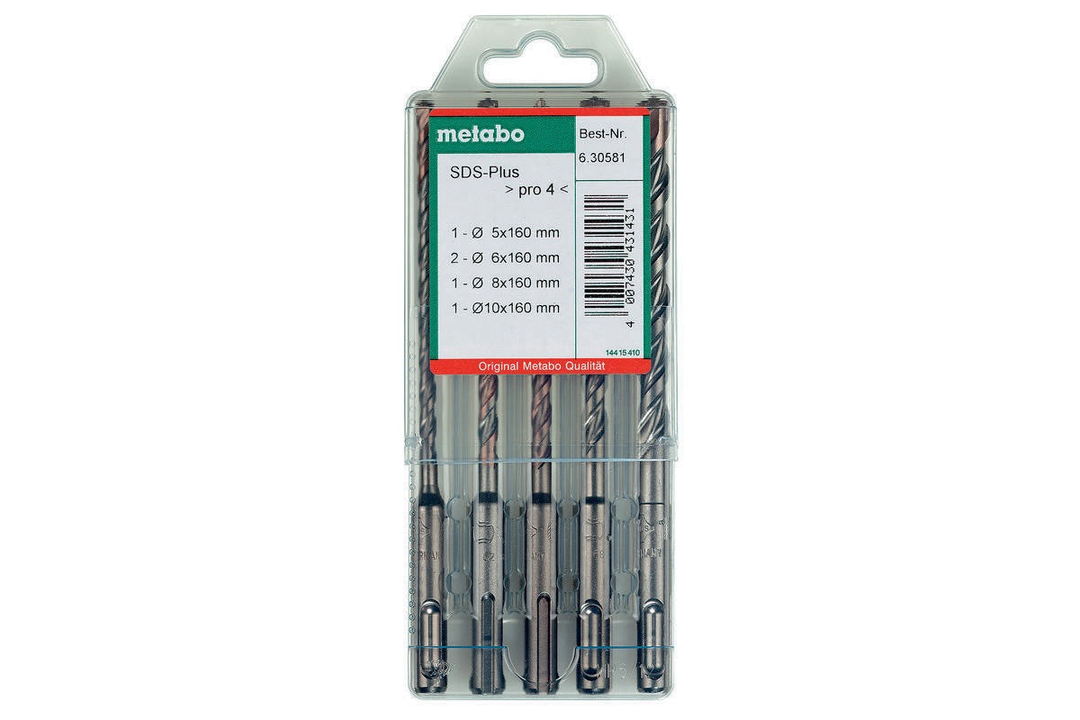 METABO Hammerbohrersatz SDS-plus Pro 4, 5-teilig, Kunststoffkassette, für Beton, Mauerwerk, Naturstein