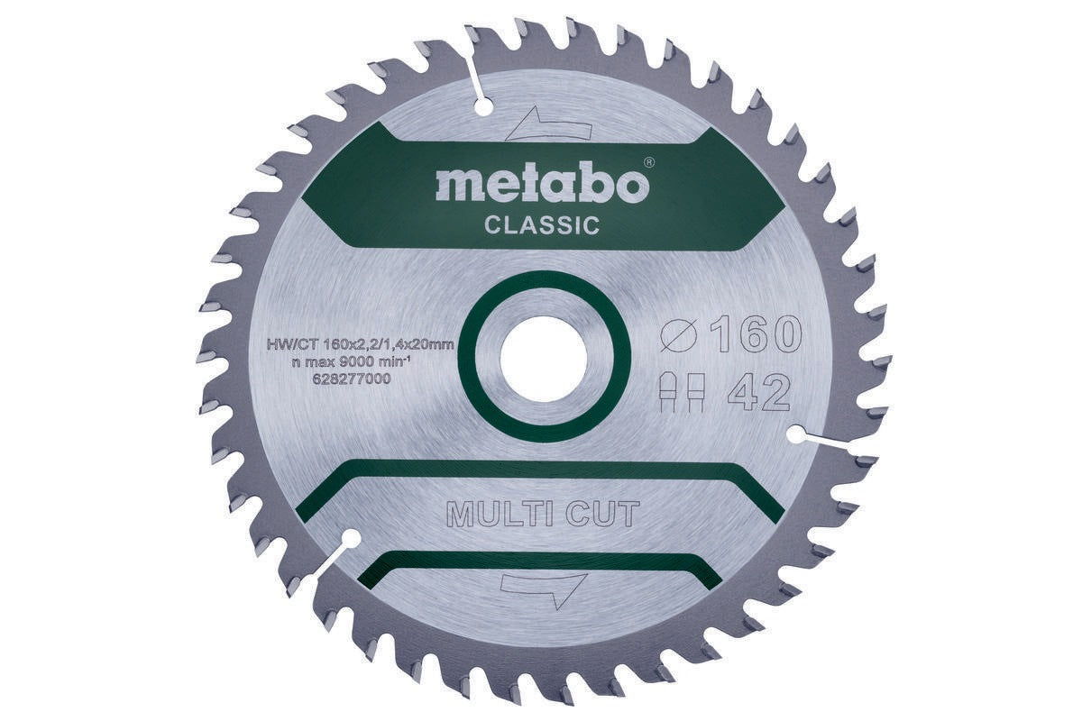 Metabo Kreissägeblatt multi cut classic D160 x 2,2/1,4 x Bohrung 20 mm, Z42 FZ/TZ – für Laminat, Kunststoff, Alu, Kupfer, Messing