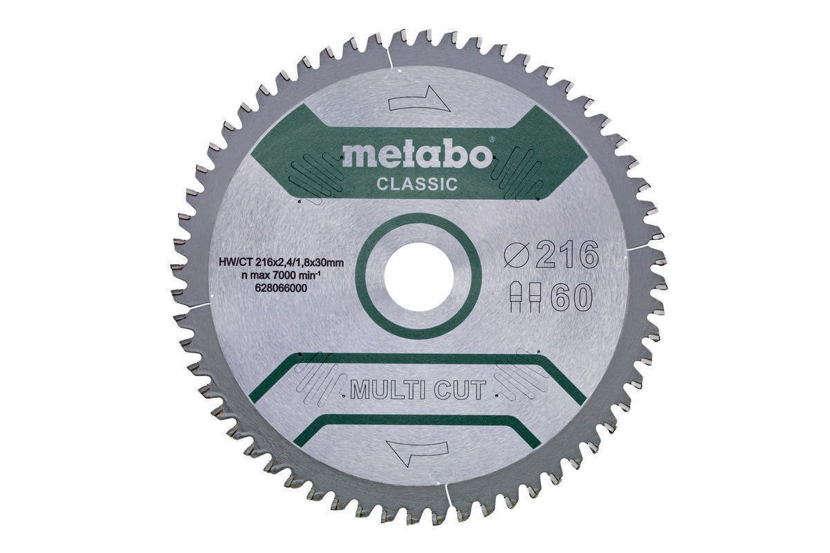 METABO Kreissägeblatt multi cut classic 216 mm Ø 60 Zähne HW/CT für Laminat, Kunststoff und Alu