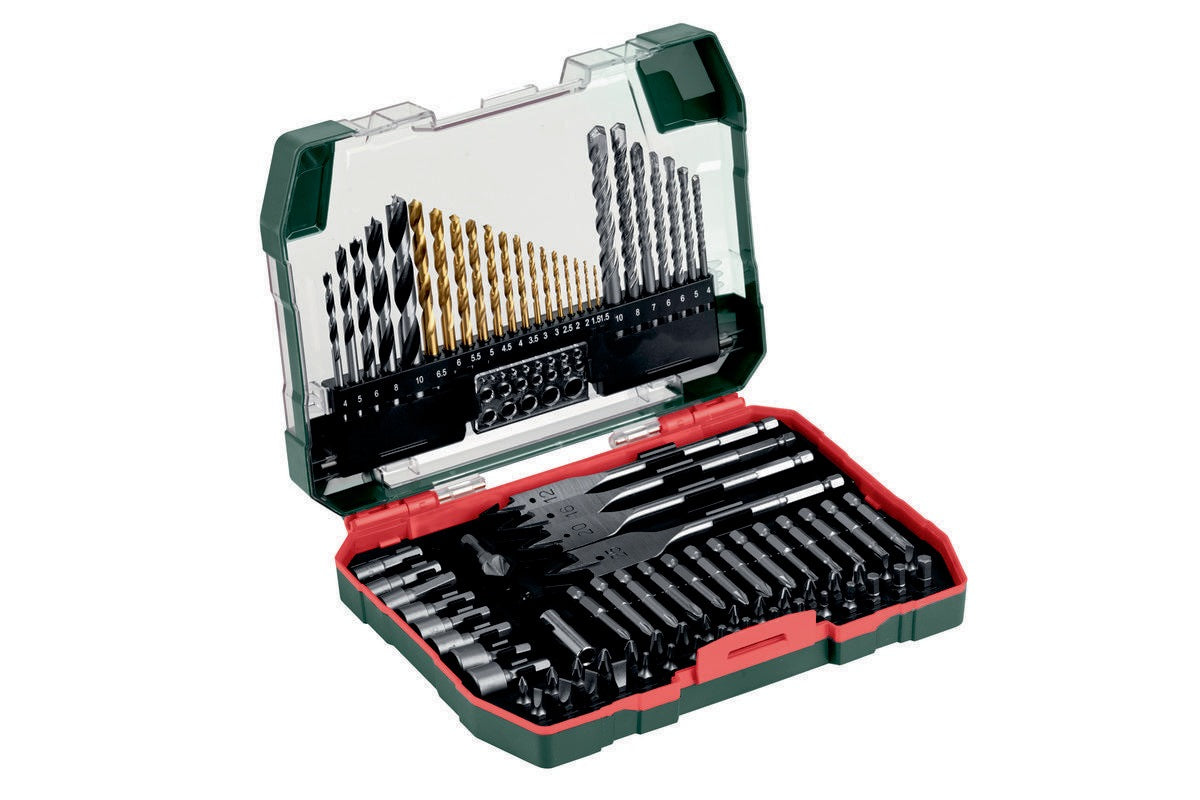 METABO Bohrersatz 86-teilig mit HSS-TiN-Bohrern, Steinbohrern, Holzbohrern, Bits und Steckschlüsseln