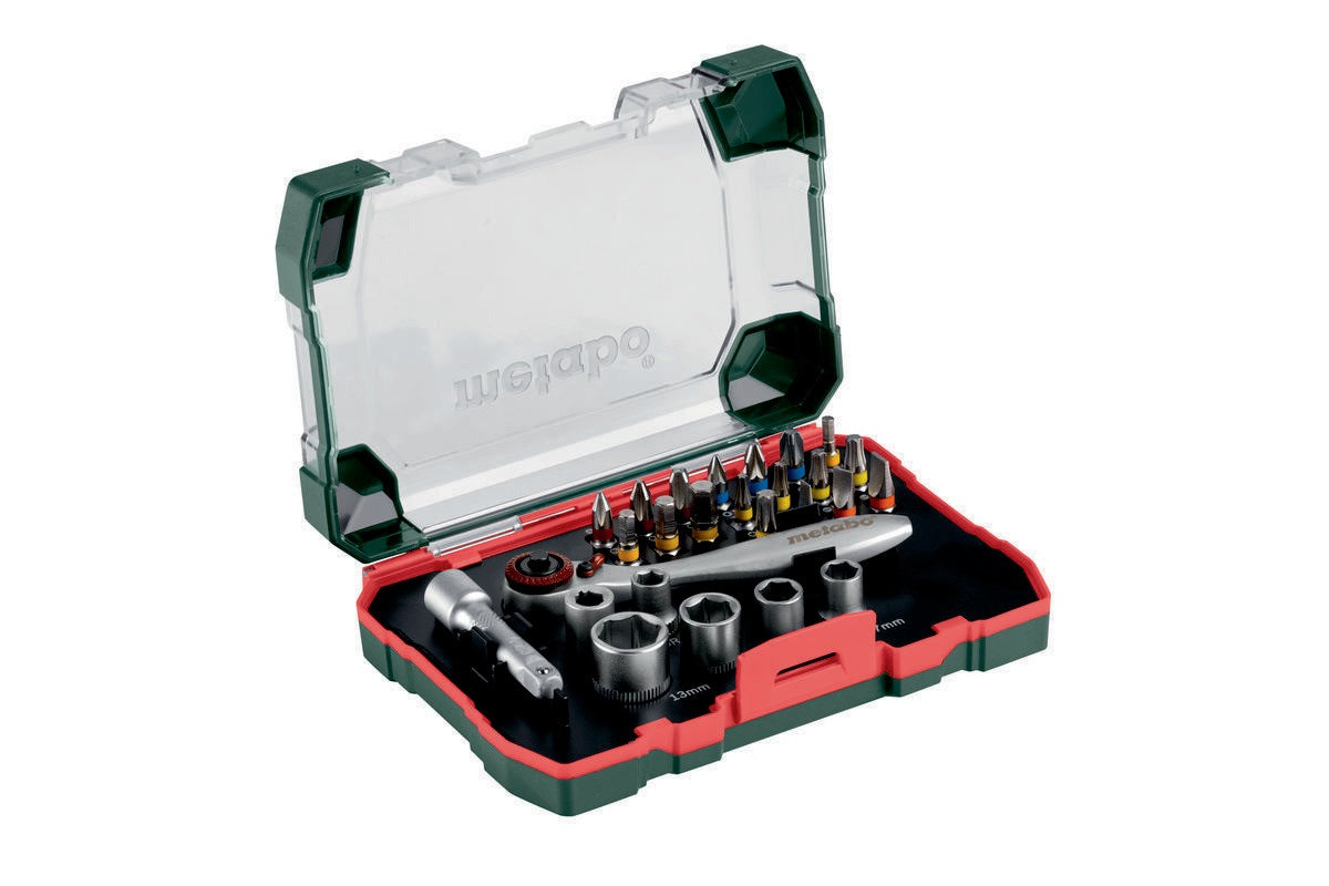 METABO Bitsortiment 26-teilig, 25 mm Bits, 1/4 Zoll Steckschlüssel, S2-Stahl, Farbcodierung
