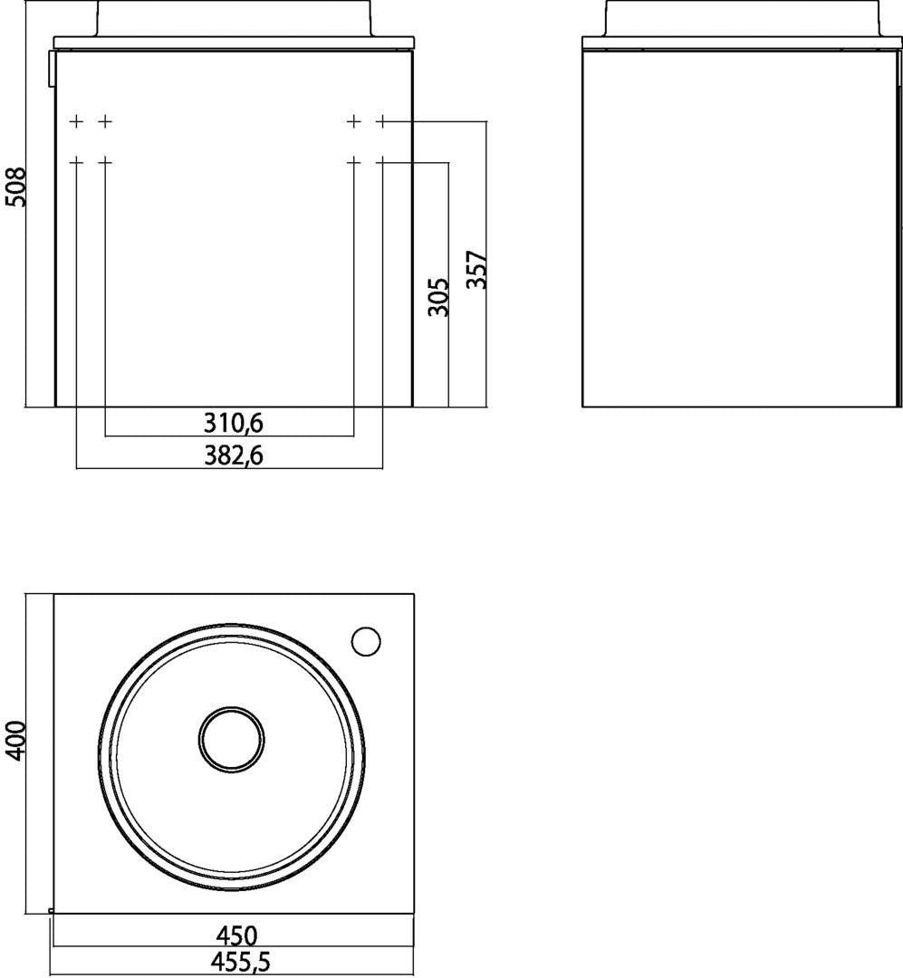 EMCO evo Gäste-Waschtisch 450 mm Mineralguss mit Unterschrank, Armaturenbohrung rechts, Griff links, optiwhite