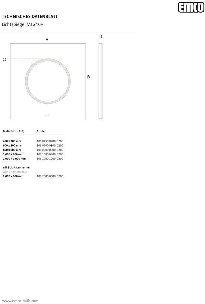 EMCO LED-Lichtspiegel MI 240+ mit Touch-Bedienfeld 2000 x 600 mm