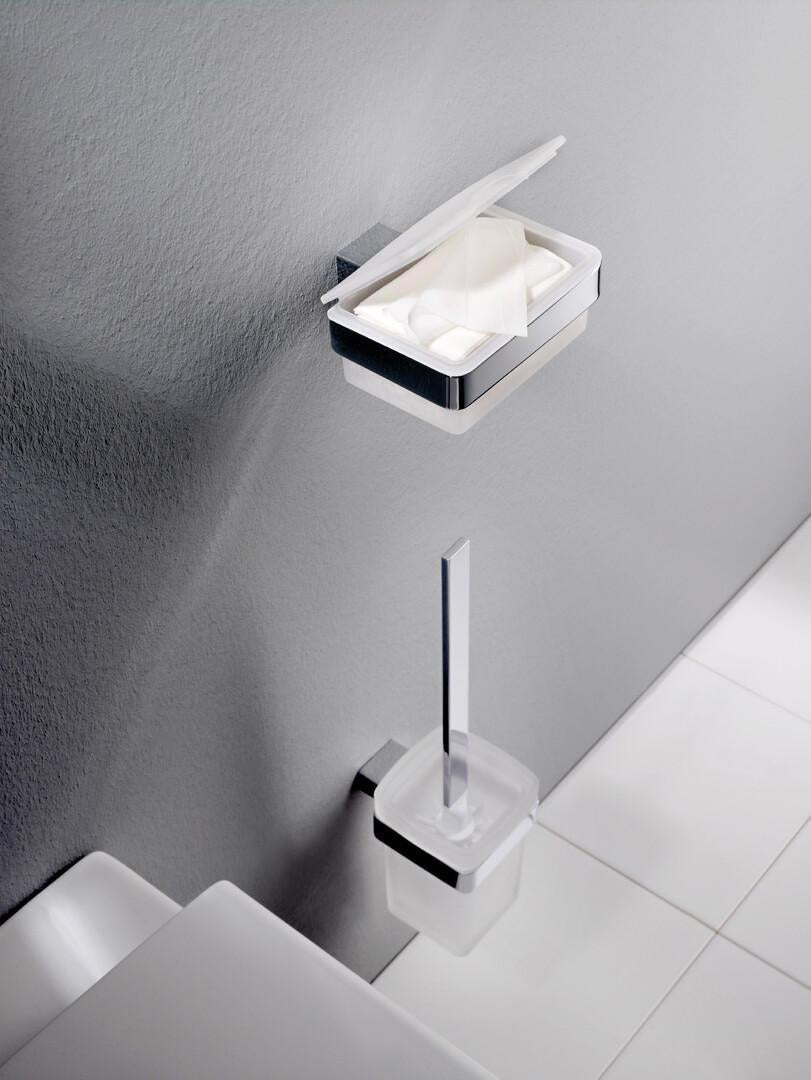 EMCO Feuchtpapierhalter LOFT 00101 – Kunststoffbox in Weiß/Chrom mit Deckel und Toilettenpapierhalter
