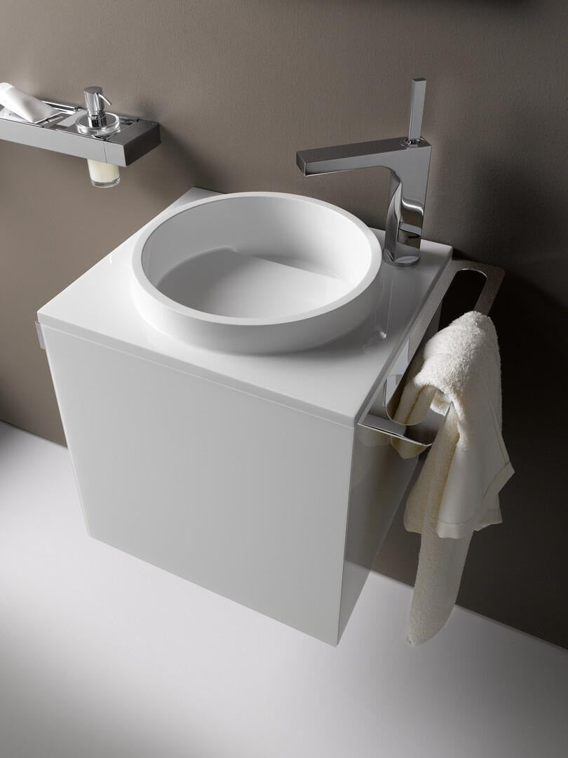EMCO evo Gäste-Waschtisch 450 mm Mineralguss mit Unterschrank, Armaturenbohrung rechts, Griff links, optiwhite