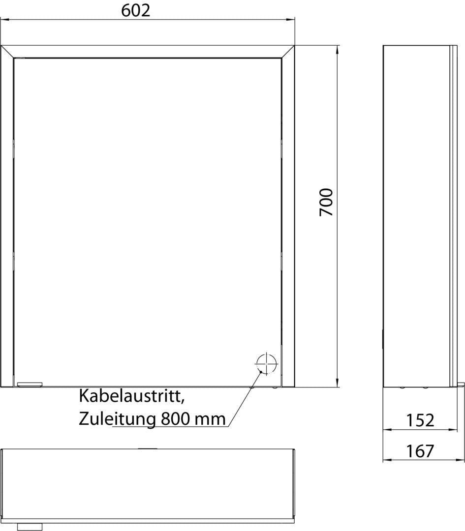 EMCO Lichtspiegelschrank prime 3 600 mm Aufputz, 1 Tür rechts, LED, Touchsensoren, Aluminium