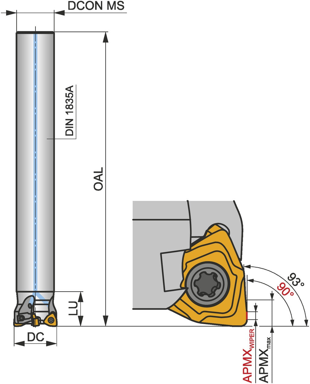 PRAMET Schulterfräser ISO 16A2R025M08-SWN04C-C: Ø16 mm, 90°, M08, für Plan- und Kopierfräsen