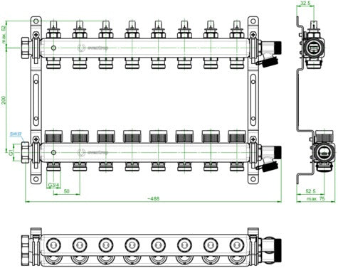 OVENTROP Multidis SFQ Edelstahl-Heizkreisverteiler mit Durchflussindikator, 2 Heizkreise, Q-Tech