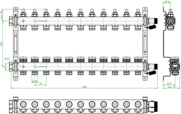 OVENTROP Multidis SFQ Edelstahl-Heizkreisverteiler mit Durchflussindikator, 2 Heizkreise, Q-Tech