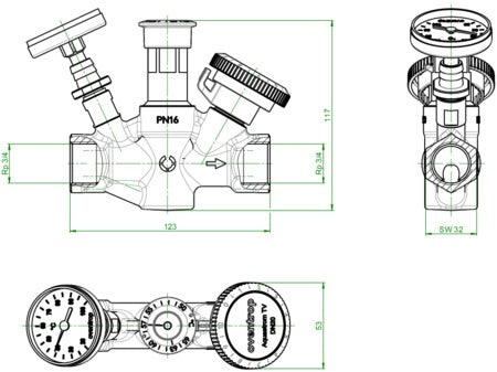 OVENTROP Aquastrom TV Zirkulationsventil DN 15 mit Wärmedämmung & Thermometer