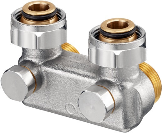 OVENTROP Umlenkstück mit Absperrung Eckform 50 mm G 3/4 ÜM x G 3/4 Eurokonus Messing vernickelt