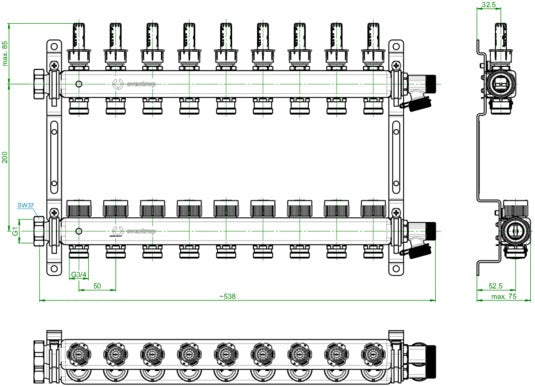 Oventrop Multidis SF Edelstahl-Verteiler 2 Kreise mit Durchfluss-, Mess- und Reguliereinsätzen