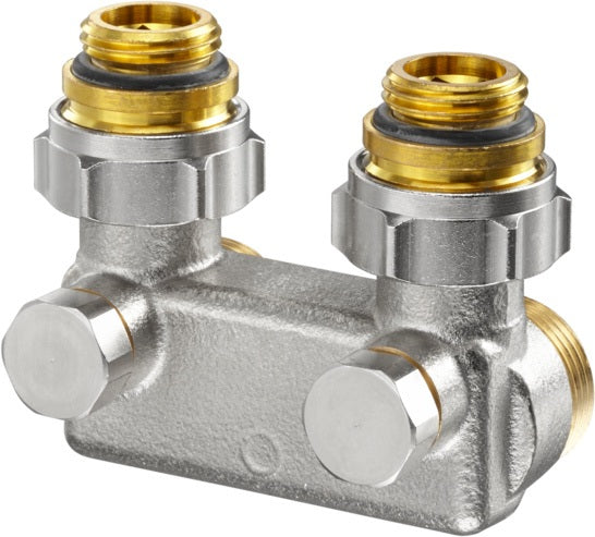 OVENTROP Umlenkstück mit Absperrung Eckform 50 mm G 3/4 ÜM x G 3/4 Eurokonus Messing vernickelt