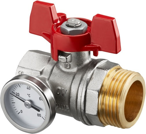 OVENTROP Kugelhahn mit Thermometer, roter Griff 3/4" IG x 1" AG, Messing vernickelt