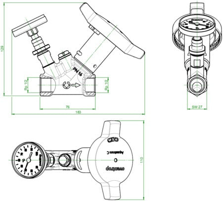 OVENTROP Zirkulationsventil Aquastrom C DN 15 Rp 1/2 mit Wärmedämmung & Thermometer