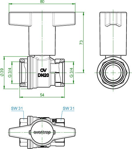 OVENTROP Optibal Knebelgriff-Kugelhahn PN 16 Messing DN 10 (3/8 Zoll) – Volldurchgang, vernickelt