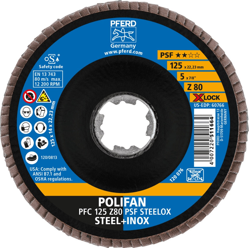 PFERD Fächerscheibe X-LOCK PSF Z STEELOX Ø125 mm K40 konisch für Stahl & INOX – 10 Stück