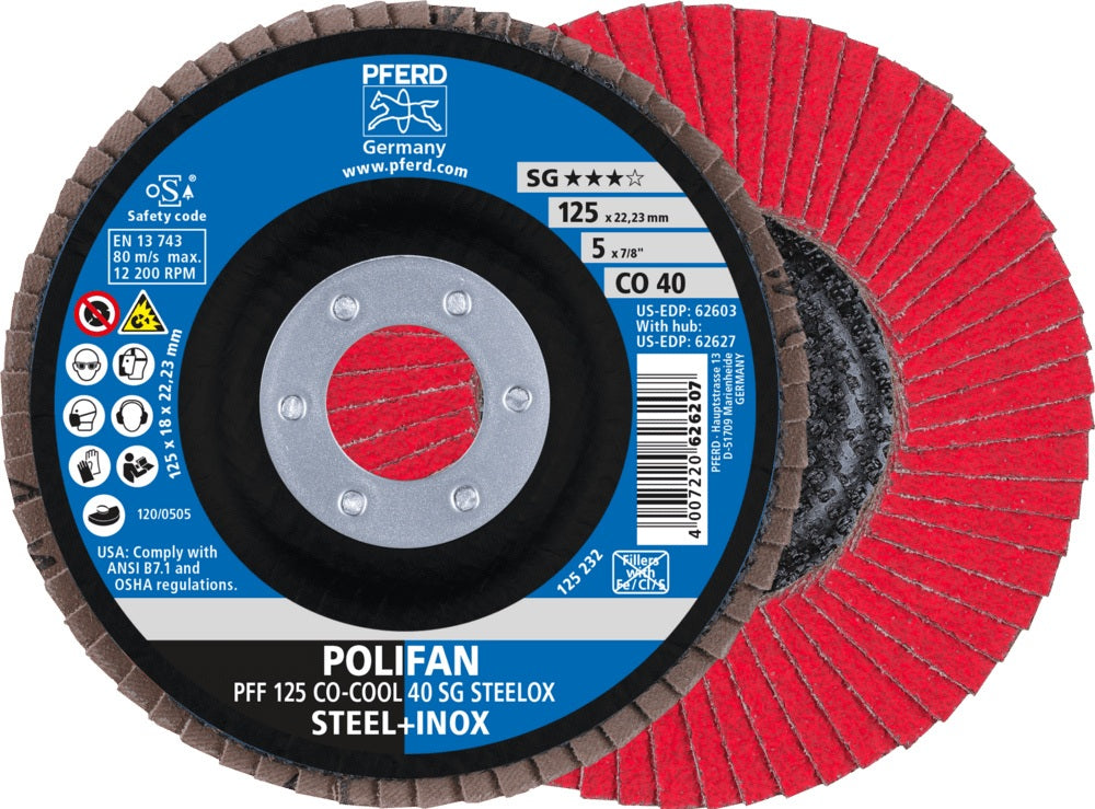 PFERD POLIFAN CO-COOL SG STEELOX Fächerscheibe Ø125 mm K60 konisch für INOX