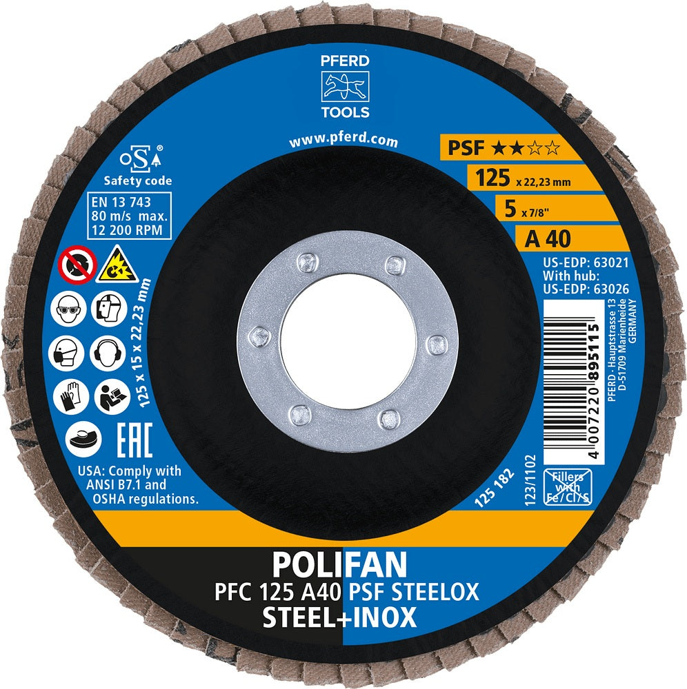 PFERD POLIFAN A PSF STEELOX Fächerscheibe Ø125 mm Körnung 40 konisch für Stahl/INOX